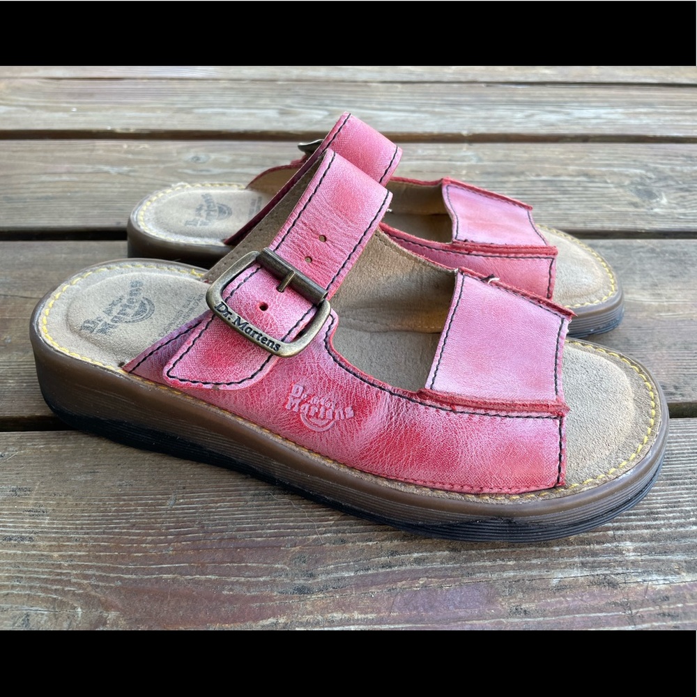 Dr. Martens Red Leather Slide Sandals with Adjustable Buckle